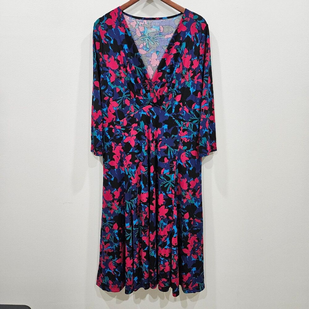 Talbots Midi Dress Plus Sze 1X Pink Blue Abstract Stretch Comfort Artsy Colorful